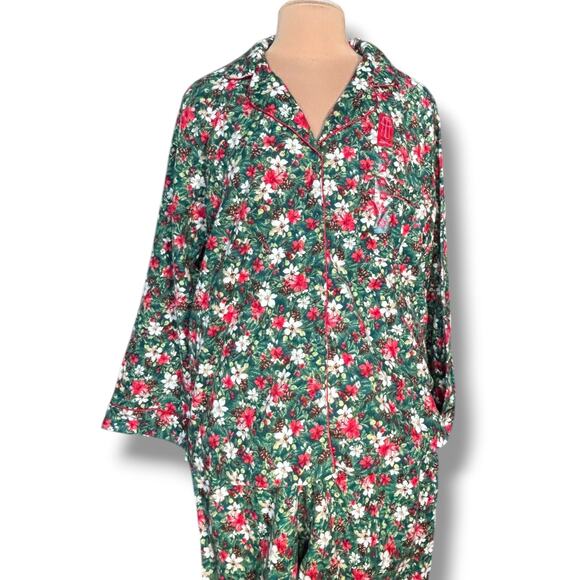 Winter Floral Flannel Pajama Set Charter Club Green Red White XL Cozy Warm New - Picture 3 of 11